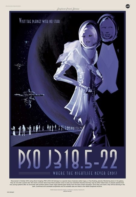 A poster depicting PSO J318.5-22 in the style of a tourist destination. The poster states 'PSO J318.5-22, where the nightlife never ends'.