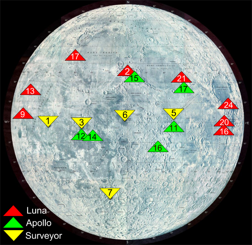 Map of the Moon, with Luna, Apollo, and Surveyor landing sites marked.
