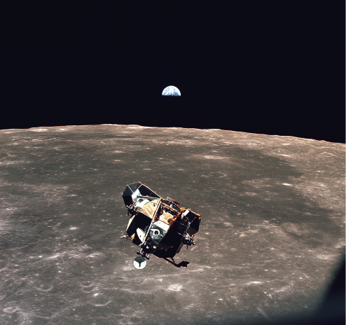 A photograph of the Apollo 11 lunar module on the Moon.