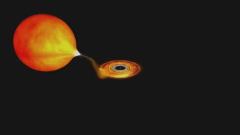 An image showing a small neutron star orbiting a low mass red star.