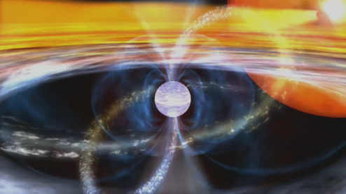 An image showing matter from a low mass star falling onto a neutron star’s poles.