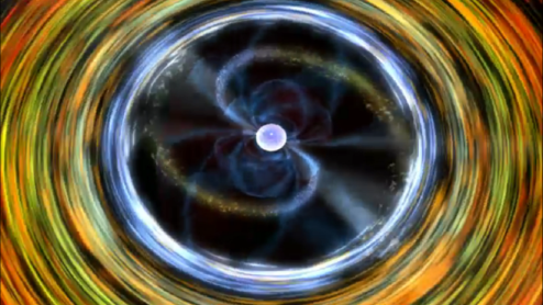 An image showing matter from a low mass star falling onto a neutron star’s poles from the top.